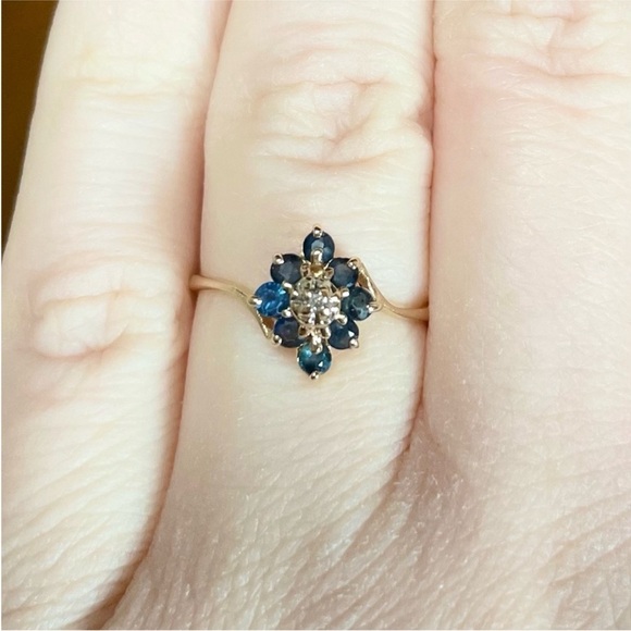 14K Natural Sapphire Diamond cluster pyramid dark blue yellow gold ring - Picture 3 of 10